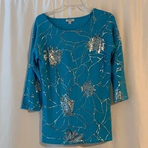 Cache’ Ladies Size Large Blue Silver Quarter Sleeve Spandex Blend Sweater Shirt